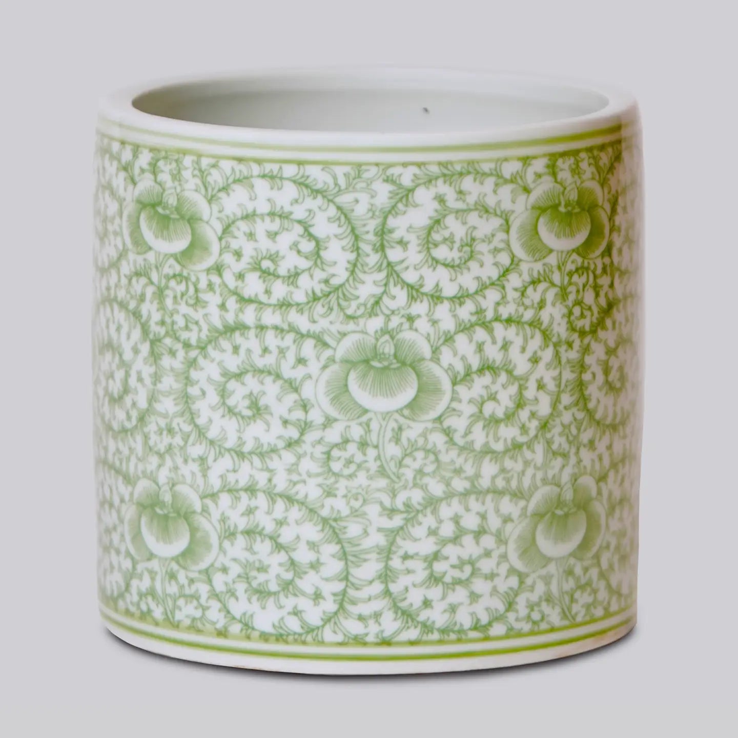 Green and White Porcelain Scrolling Peony Cachepot