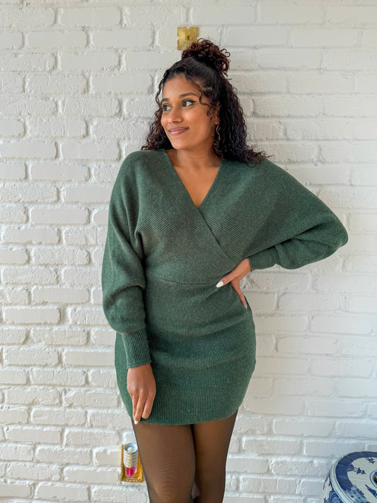 Green Mini Wrap Sweater Dress