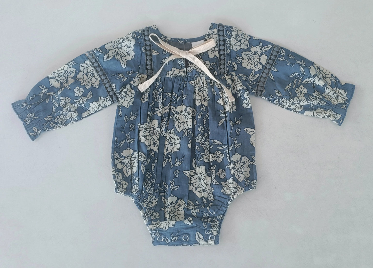 Grey Floral  Lace Long Sleeve Baby Romper