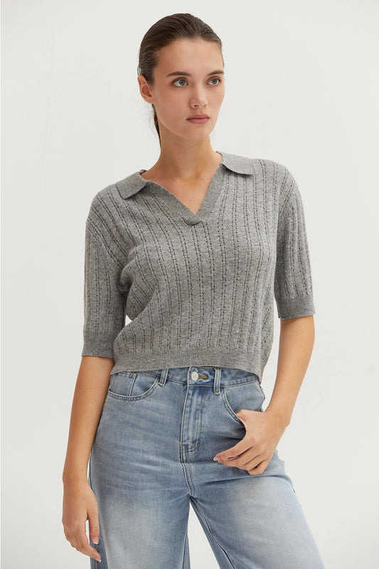 Pointelle Knit Polo Top