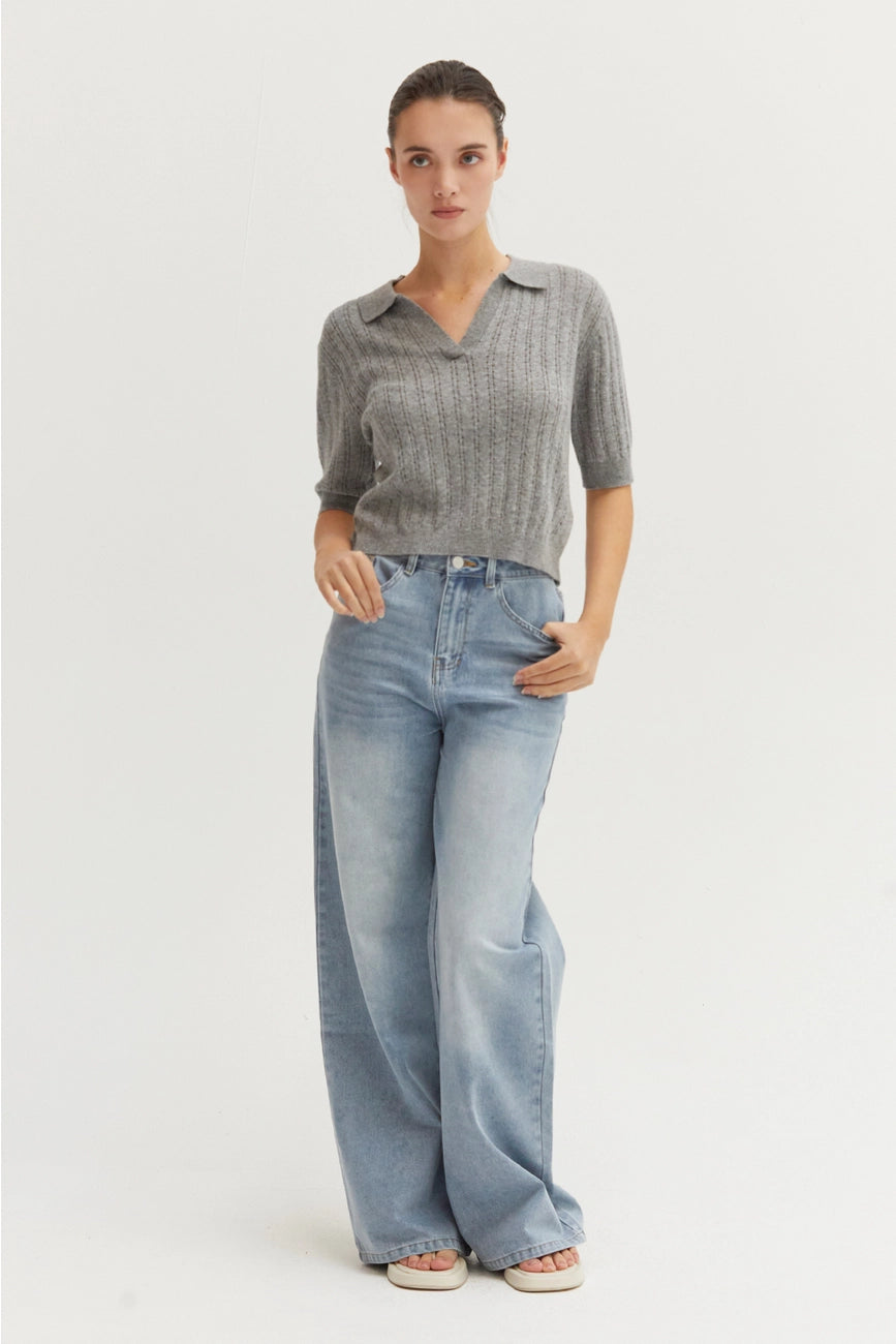 Pointelle Knit Polo Top