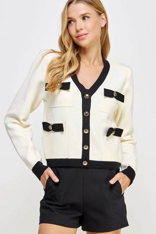 Ivory And Black Bow Cardigan