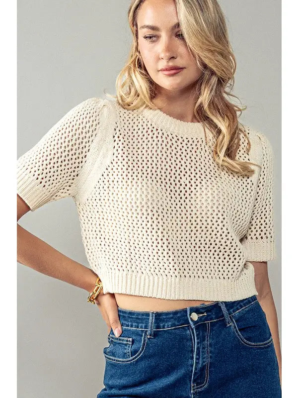 Ivory Cropped Knit Sweater Shirt Top