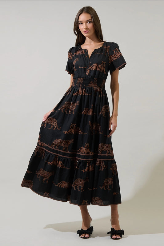 Jungle Cat Smocked Midi Dress
