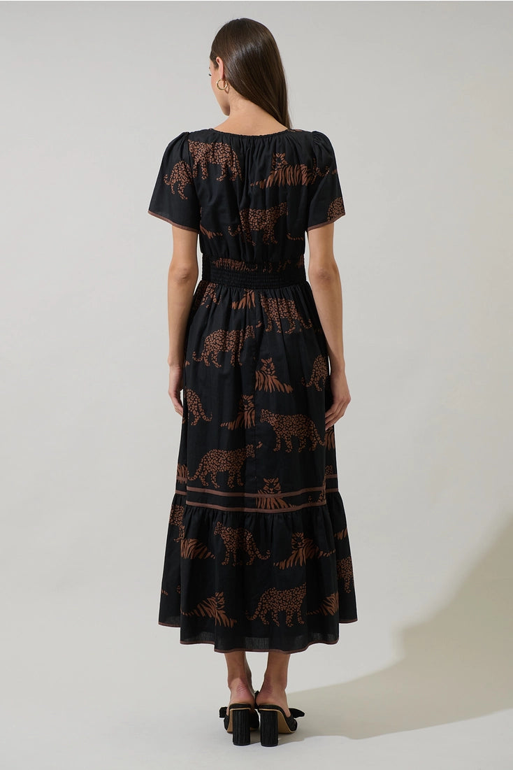 Jungle Cat Smocked Midi Dress