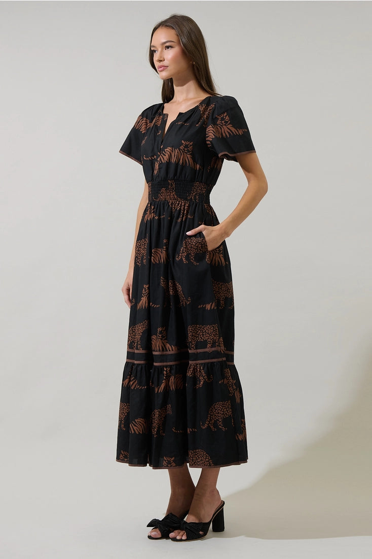 Jungle Cat Smocked Midi Dress