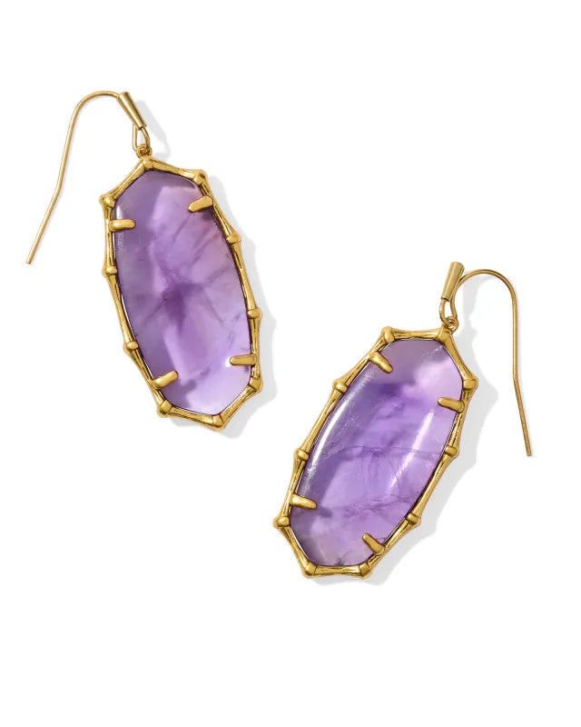 Kendra Scott Elle Vintage Gold Bamboo Frame Drop Earrings in Dark Purple Amethyst