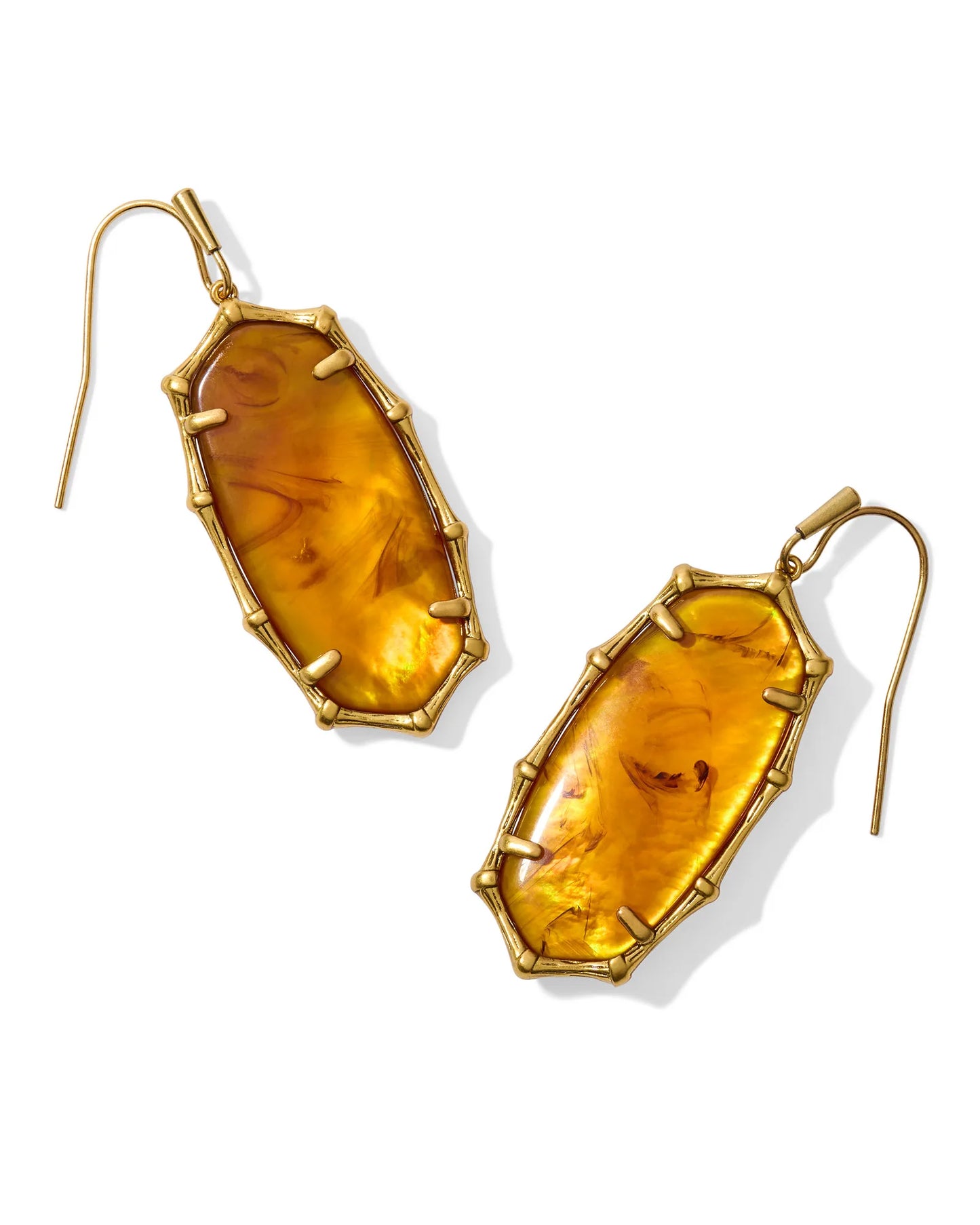 Kendra Scott Elle Vintage Gold Bamboo Frame Drop Earrings in Marbled Amber Illusion