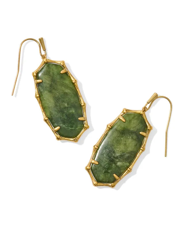 Kendra Scott Elle Vintage Gold Bamboo Frame Drop Earrings in Sage Serpentine