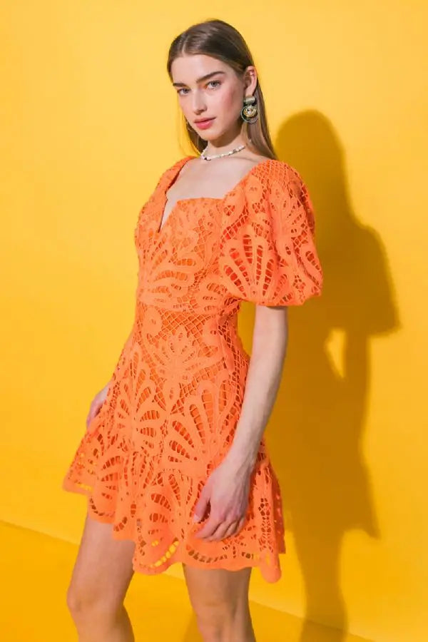 Orange Puff Sleeve Lace Mini Dress