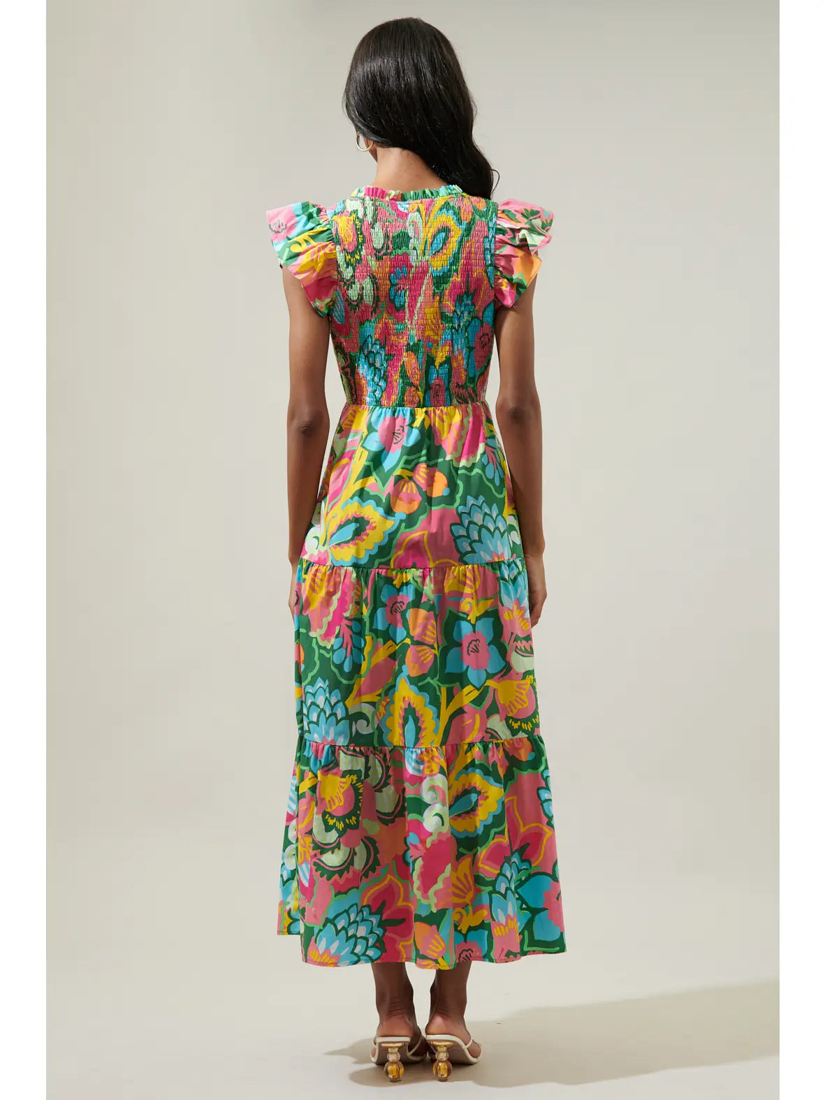 Lanai Multi Tropics Sunfire Smocked Bodice Tiered Midi Dress