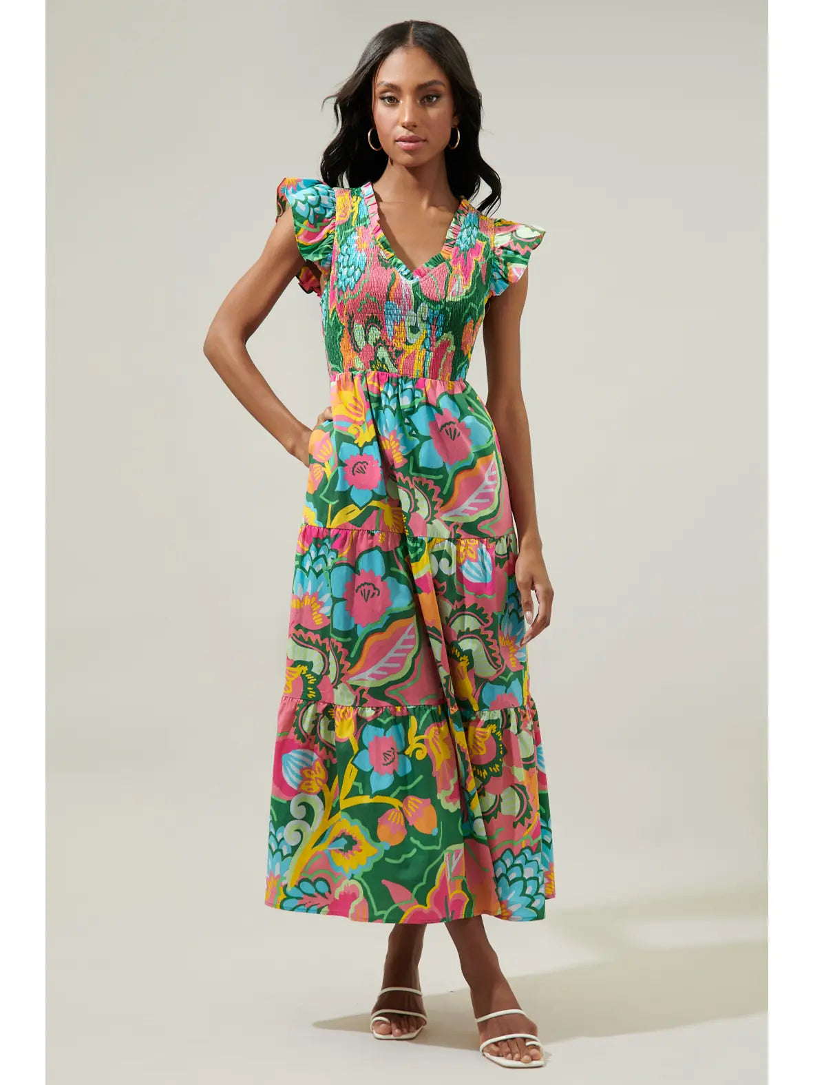 Lanai Multi Tropics Sunfire Smocked Bodice Tiered Midi Dress