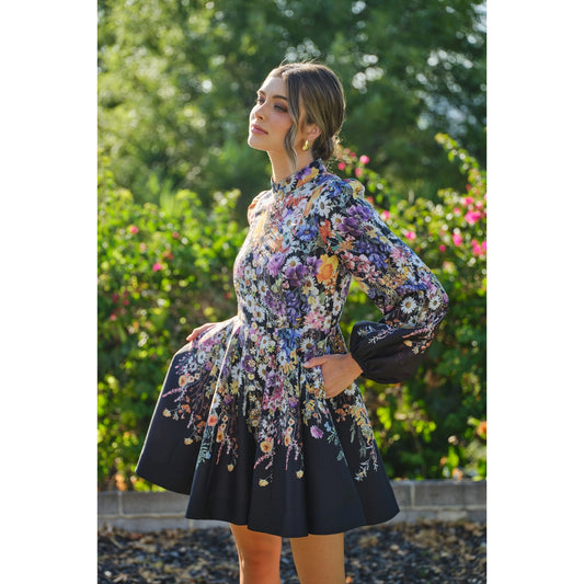 Long Puff Sleeve Floral Print Mini Dress