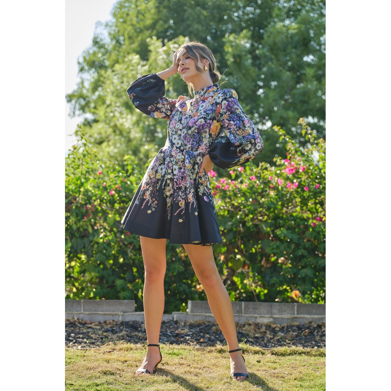 Long Puff Sleeve Floral Print Mini Dress