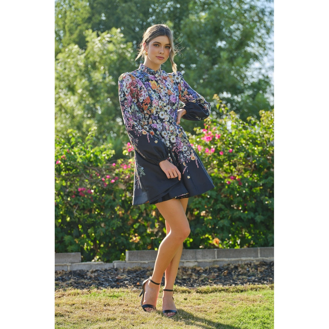 Long Puff Sleeve Floral Print Mini Dress