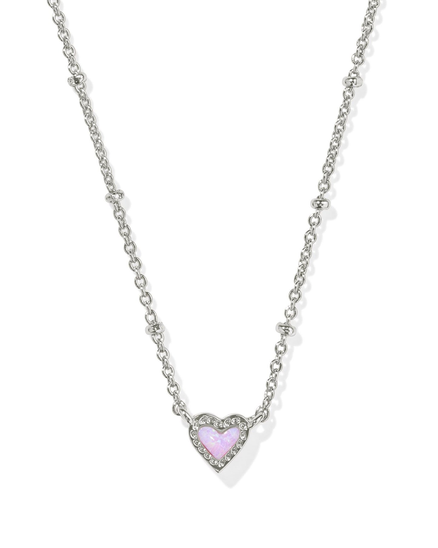 Kendra Scott Mini Ari Heart Satellite Short Pendant in Silver Bubblegum Pink Kyocera Opal