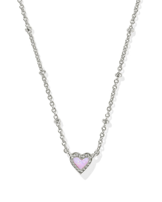 Kendra Scott Mini Ari Heart Satellite Short Pendant in Silver Bubblegum Pink Kyocera Opal