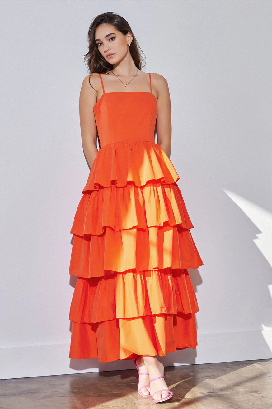 Orange Mixed Pleat Tiered Poplin Maxi Dress