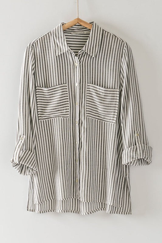Beige & White Striped Button Down