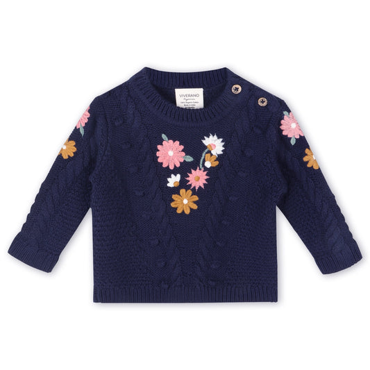 Navy Blue Flower Embroidered Pullover Sweater