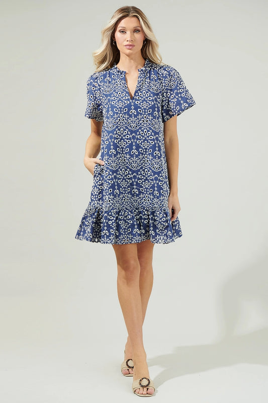 Navy Floral Eyelet Mini Dress