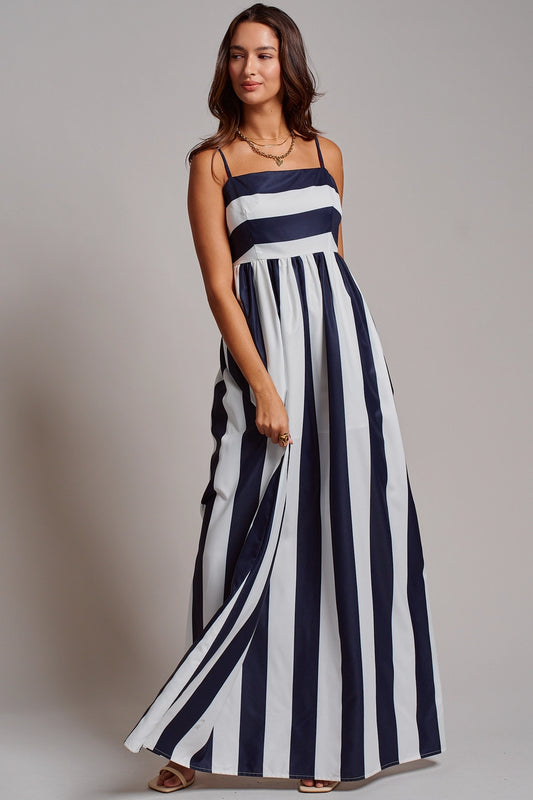 Vertical Stripe Smocked Back Maxi Dress In Navy