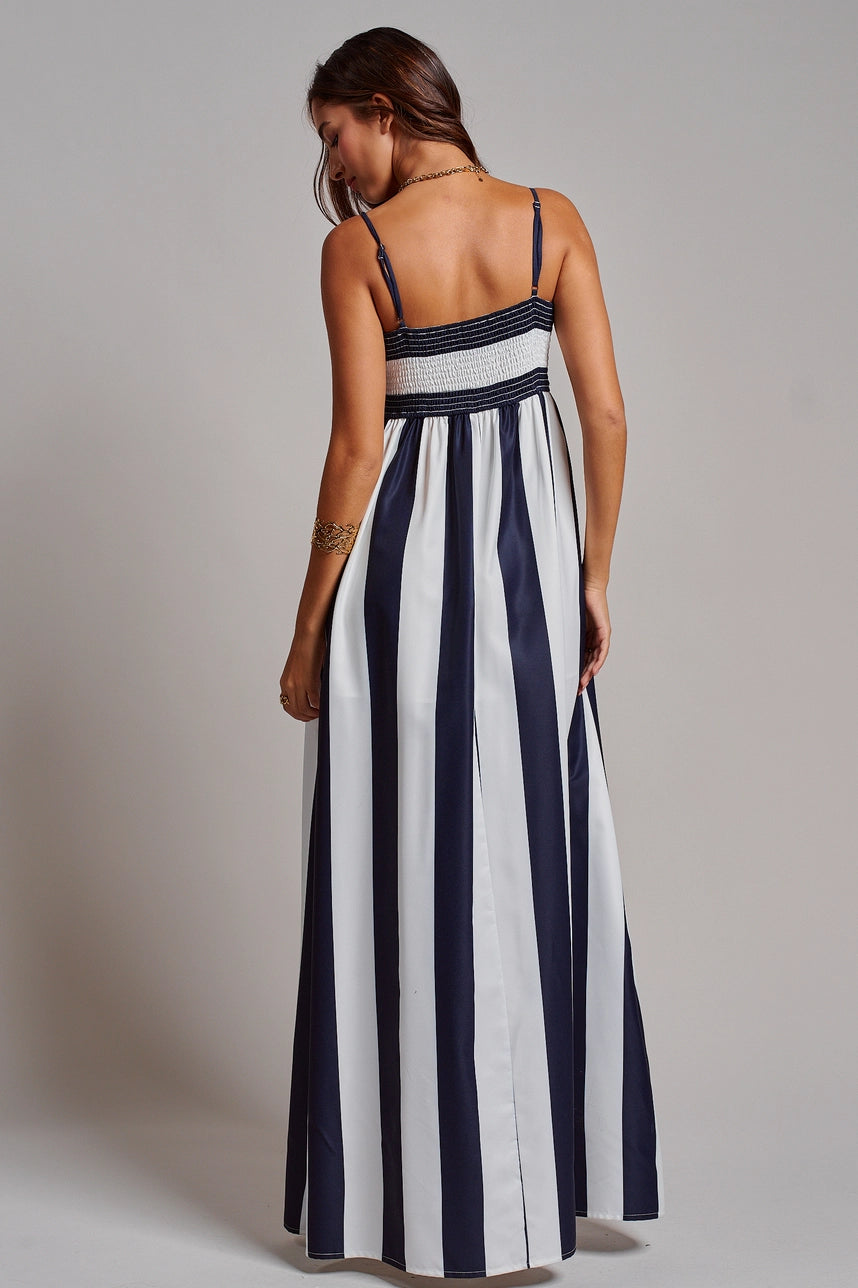 Vertical Stripe Smocked Back Maxi Dress In Navy