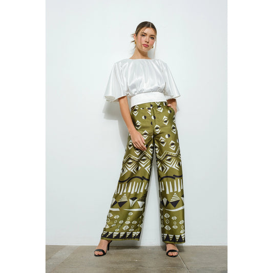 Olive Geometric High Waisted Wide Pants