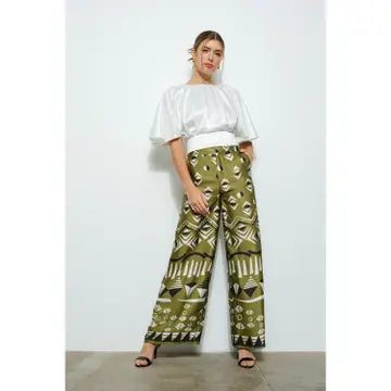 Olive Geometric High Waisted Wide Pants