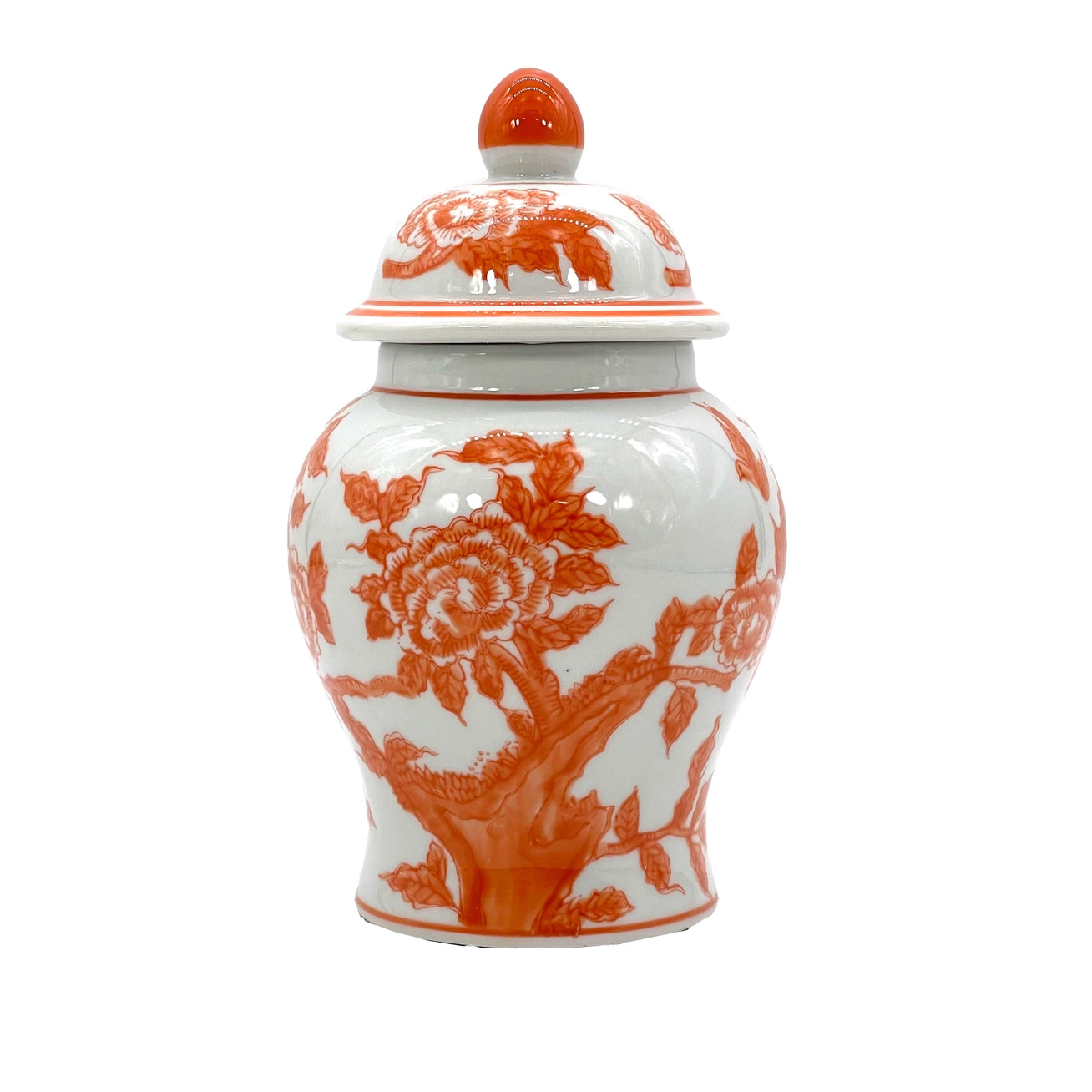 Orange & White Small Chinoiserie Ceramic Decorative Tea & Ginger Jar