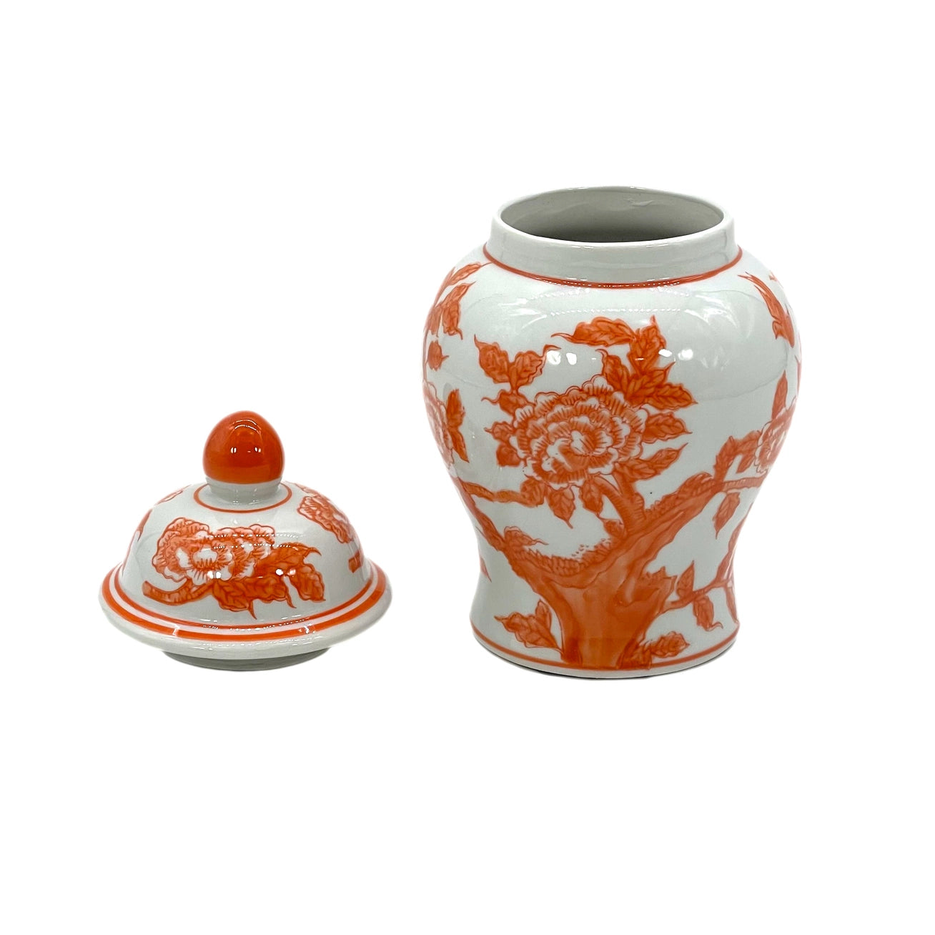 Orange & White Small Chinoiserie Ceramic Decorative Tea & Ginger Jar