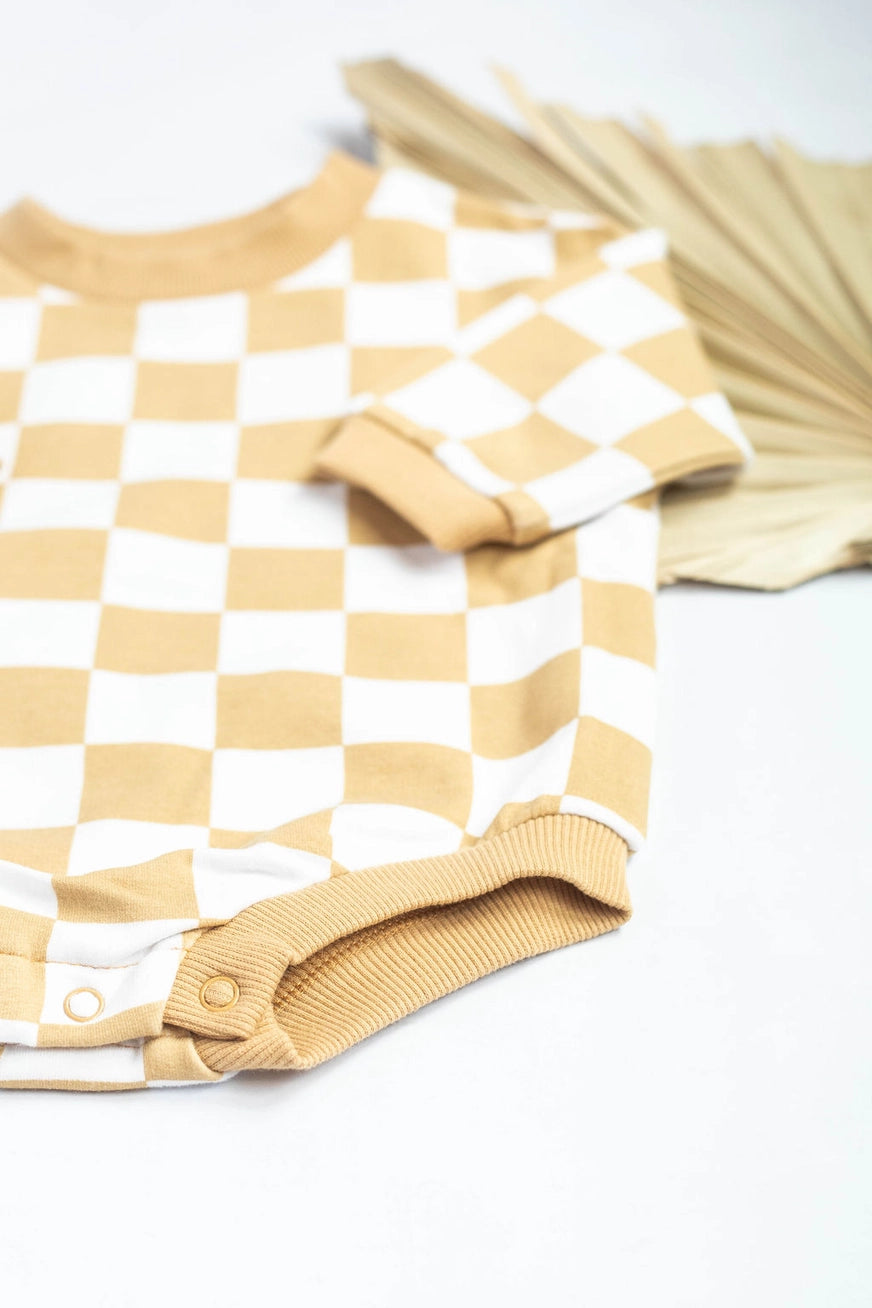 Baby Oversized Checkered Romper in Sand