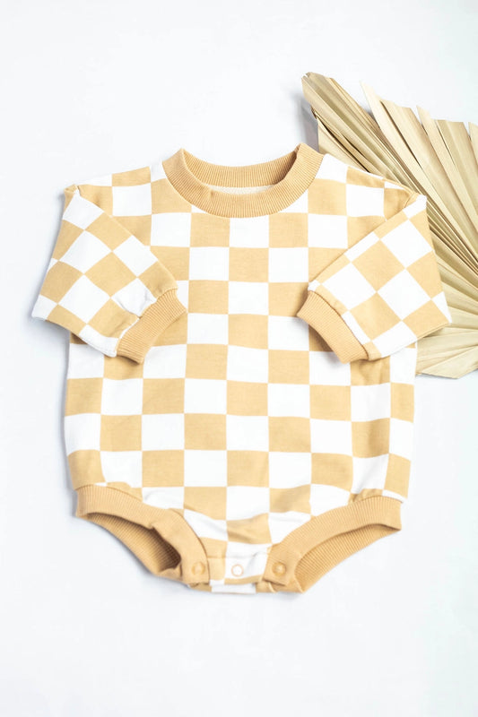 Baby Oversized Checkered Romper in Sand