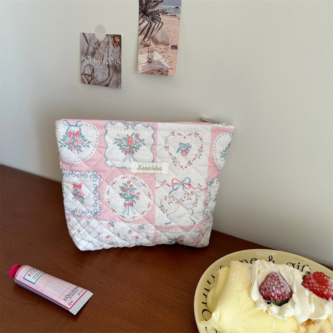 Patch Quilted Pink Makeup Bag