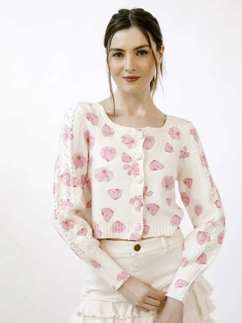 Pink And Ivory Flower Cropped Cardigan