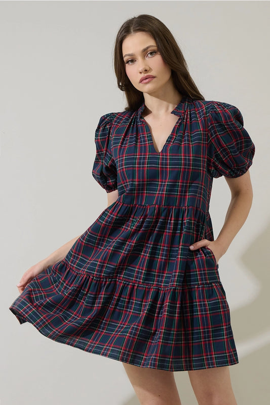Navy Plaid Babydoll Mini Dress