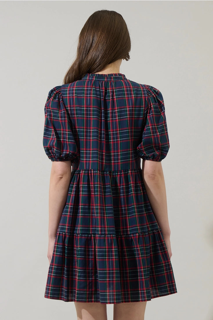 Navy Plaid Babydoll Mini Dress