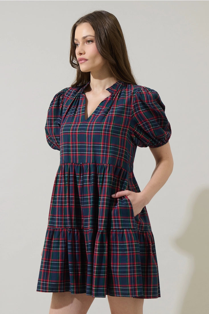 Navy Plaid Babydoll Mini Dress