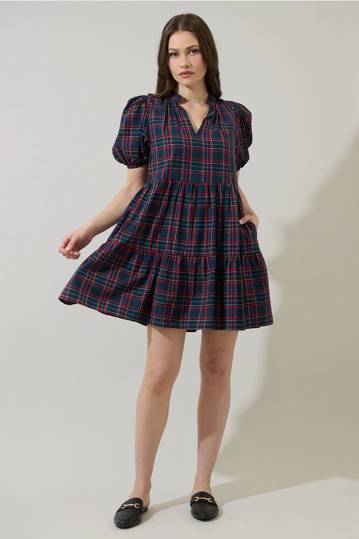 Navy Plaid Babydoll Mini Dress