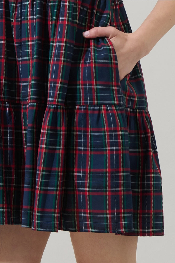 Navy Plaid Babydoll Mini Dress