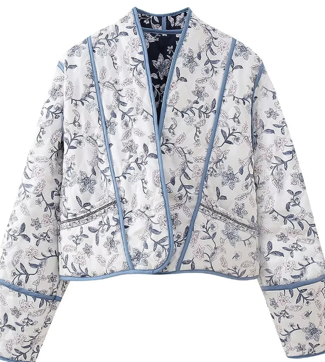 Blue & White Floral Printed Quilt Jacket