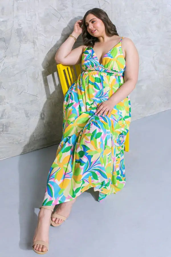Yellow Green Tropics Curvy Fit Maxi Dress