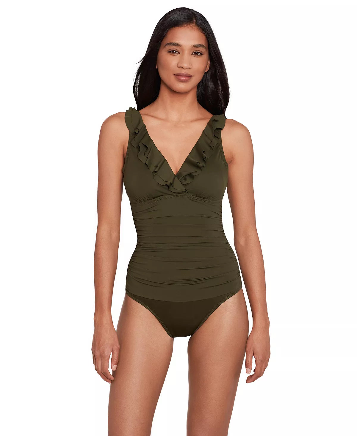 Ralph Lauren Ruffle Surplice One Piece Swimsuit Olive