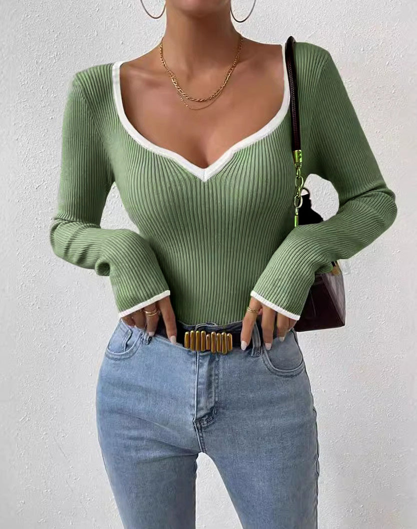 Green Ribbed V Neck Top