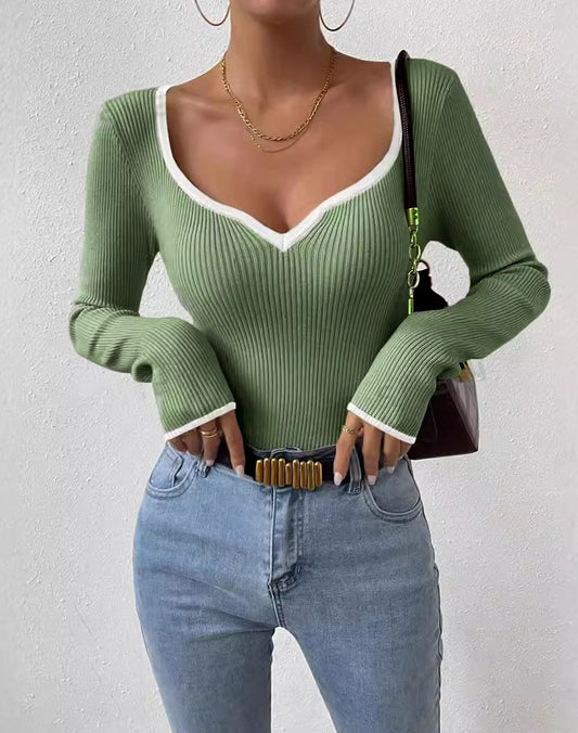 Green Ribbed V Neck Top