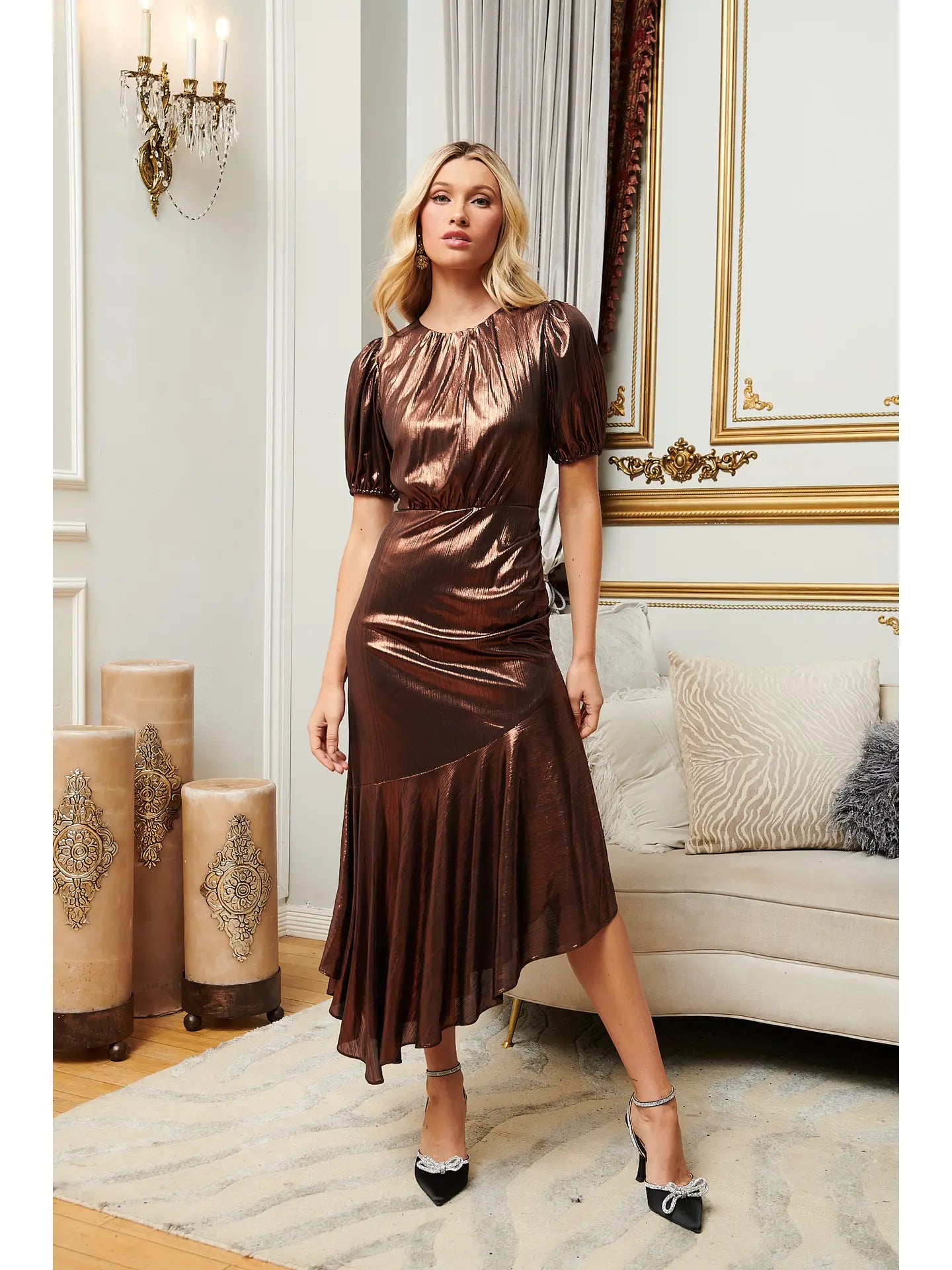 Metallic Copper Asymmetrical Maxi Dress