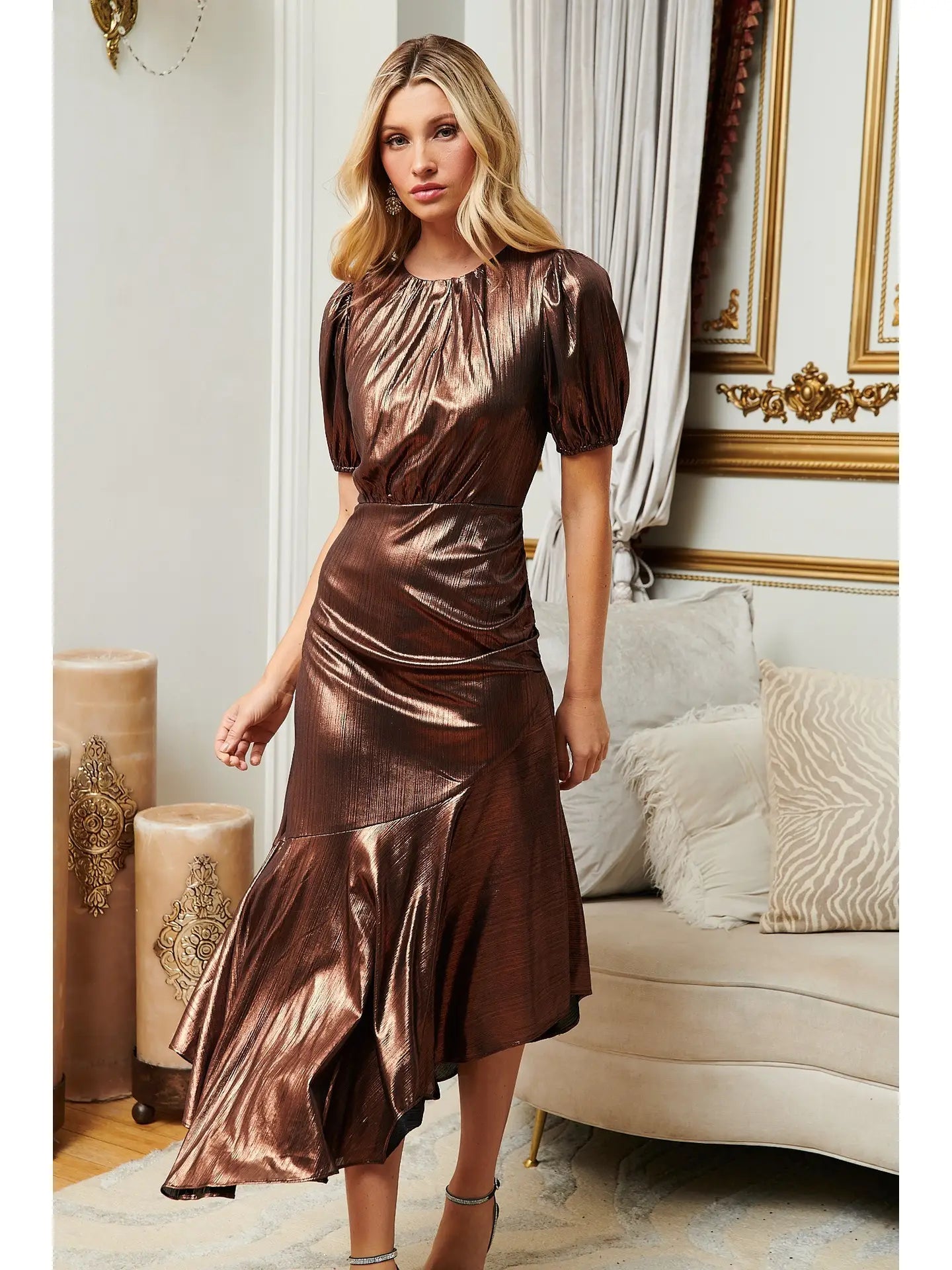 Metallic Copper Asymmetrical Maxi Dress