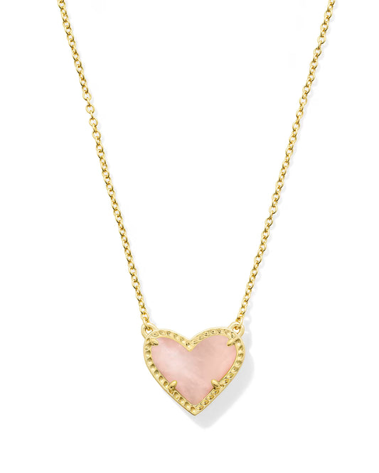 Kendra Scott Ari Heart Gold Pendant Necklace in Rose Quartz