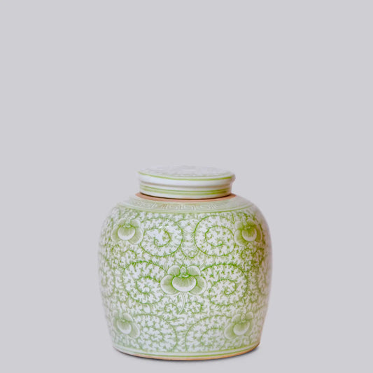 Scrolling Peony Green & White Porcelain Lidded Jar