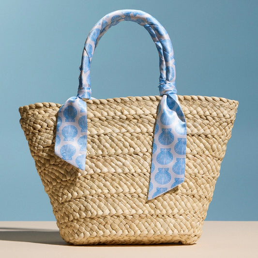Blue Shell Raffia Bag with Scarf Handles